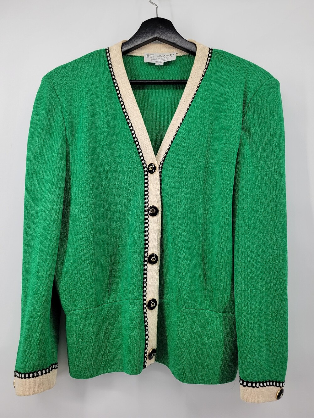 St. John Emerald Green Knit Cardigan Blazer with Cream Trim Size 14
